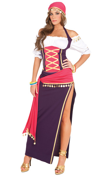 Gypsy Maiden costume includes off the shoulder halter top with ruffle trim, long pull on skirt, sash with gold coin accents, head scarf and bracelets. Five piece set.