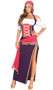 Gypsy Maiden costume includes off the shoulder halter top with ruffle trim, long pull on skirt, sash with gold coin accents, head scarf and bracelets. Five piece set.