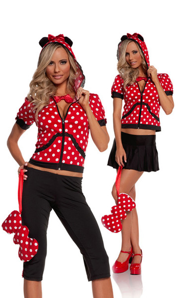 Miss Mouse costume includes hoodie with mouse ears, capris, skirt, necklace and bow purse. Five piece set. Can be worn two different ways.