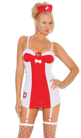 Flirty Nurse costume includes mini dress with underwire cups, adjustable straps, detachable garters and head piece. Two piece set.