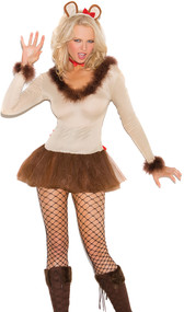 Lioness costume includes long sleeve tulle mini dress with fur trim, neck piece, head piece with satin bow detail, and detachable tail. Four piece set.