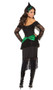 Emerald Nites Witch costume includes long sleeve dress with lace trim, lace up front and layered bustle, neck piece and hat head piece. Three piece set.
