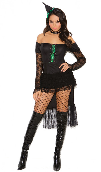 Emerald Nites Witch costume includes long sleeve dress with lace trim, lace up front and layered bustle, neck piece and hat head piece. Three piece set.