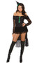 Emerald Nites Witch costume includes long sleeve dress with lace trim, lace up front and layered bustle, neck piece and hat head piece. Three piece set.