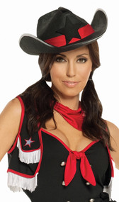 Cowgirl hat is made of stiff, thick black felt and features a red satin-like hatband and a black felt star on front.