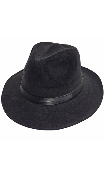 Gangster hat with black trim. Hat is made from a stiff felt-like material with a black hatband detail.