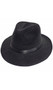 Gangster hat with black trim. Hat is made from a stiff felt-like material with a black hatband detail.