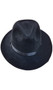 Gangster hat with black trim. Hat is made from a stiff felt-like material with a black hatband detail.