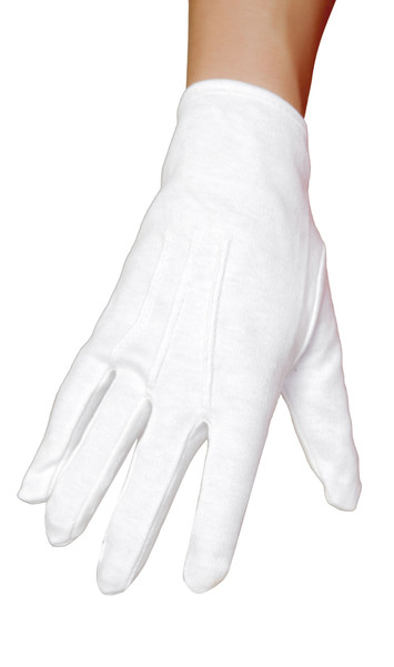 Plain white wrist length gloves.