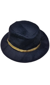 This black fedora style hat is made from a soft, bendable, felt material and features a shiny gold hatband.