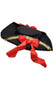 Large black pirate hat has a gold sequin trimmed brim and red satin ribbon bow accents on both sides. Hat is made from a thick, soft felt material.