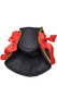 Large black pirate hat has a gold sequin trimmed brim and red satin ribbon bow accents on both sides. Hat is made from a thick, soft felt material.