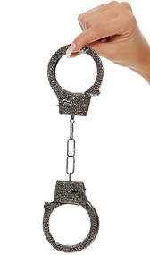 Functional metal handcuffs with rhinestone detail on one side of each cuff. Two keys are included.