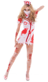 Bloodbath Betty costume includes tattered dress with fake blood stains, head piece, mask and stethoscope. Four piece set.