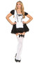 Maid costume includes short sleeve dress with ruffled sleeves, satin bow detail, lace up back and attached apron. Head piece with bow detail. Two piece set.