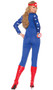 American Hero costume includes star print long sleeve jumpsuit with zipper front, v neckline, and plain back. Wrist band with mini shield decoration and headband with star also included. Three piece set.