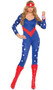 American Hero costume includes star print long sleeve jumpsuit with zipper front, v neckline, and plain back. Wrist band with mini shield decoration and headband with star also included. Three piece set.