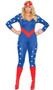 American Hero costume includes star print long sleeve jumpsuit with zipper front, v neckline, and plain back. Wrist band with mini shield decoration and headband with star also included. Three piece set.