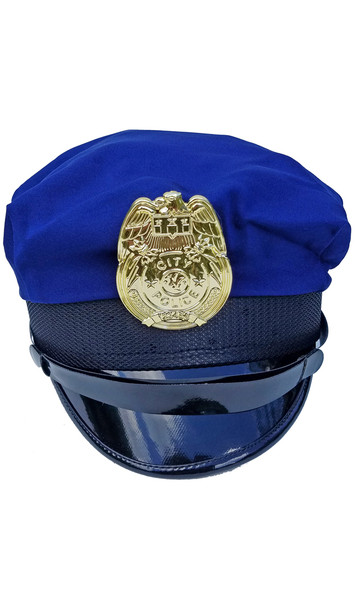 Get ready to go on patrol in our police patrol hat with black patent brim and strap around the crown. Gold badge on front and chrome studs on the left and right add shine to the perfect hat for a classic police look.