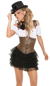 Racy Steampunk Rose costume includes lace up corset, blouse, petticoat skirt, and scarf. Four piece set.