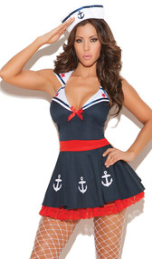 Sailors Delight costume includes sleeveless dress with attached collar, ruffled back, star and anchor details and satin bow. Sailor hat with anchor detail. Two piece set.