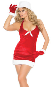 Santa's Honey costume includes velvet halter mini dress with faux fur trim and satin bow detail, hat and gloves. Three piece set.