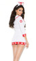 Cardiac Arrest Nurse costume includes mini dress with plunging neckline, zipper front closure, retro style collar, mini front pockets, medical cross pattern, and three quarter sleeves. Matching head piece also included. Two piece set.