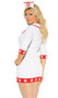 Cardiac Arrest Nurse costume includes mini dress with plunging neckline, zipper front closure, retro style collar, mini front pockets, medical cross pattern, and three quarter sleeves. Matching head piece also included. Two piece set.