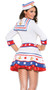 Harbor Hottie sailor costume includes v neck dress with three quarter sleeves and anchor and star details. Sailor hat with anchor detail. Two piece set.