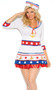 Harbor Hottie sailor costume includes v neck dress with three quarter sleeves and anchor and star details. Sailor hat with anchor detail. Two piece set.