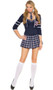 Class Distraction school girl uniform costume includes sleeveless cami top, three quarter sleeve crop jacket, pleated mini skirt and tie. Four piece set.