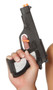 Black plastic prop gun costume accessory. Working trigger.