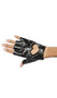 Fingerless wrist length gloves with heart cut out and rhinestone detail. Snap closure.