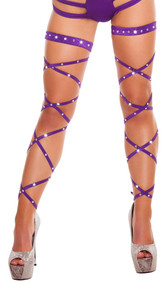 Solid color leg strap with attached garter and rhinestone details. 100 inches long. 2 per package.