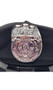 Police patrol hat features a shiny black brim and strap around the crown. Hat also has a silver badge on front and studs.