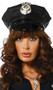 Police patrol hat features a shiny black brim and strap around the crown. Hat also has a silver badge on front and studs.