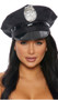 Police patrol hat features a shiny black brim and strap around the crown. Hat also has a silver badge on front and studs.