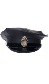 Vinyl police patrol hat features a faux patent leather brim, shiny band and silver button details.