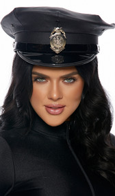 Vinyl police patrol hat features a faux patent leather brim, shiny band and silver button details.