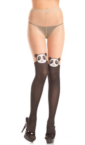 Sheer two-toned pantyhose with faux thigh high panda bear face design.