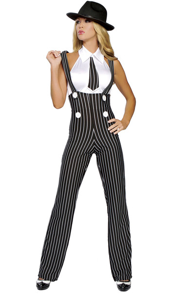 Gangsta Mama costume includes pinstripe high rise suspender pants with button accents and white top with attached tie. Two piece set.