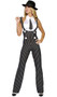 Gangsta Mama costume includes pinstripe high rise suspender pants with button accents and white top with attached tie. Two piece set.