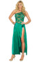 Charmeuse and lace gown with one shoulder, side slit, and rosette applique.