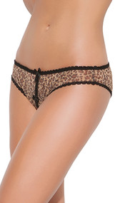 Leopard print mesh crotchless panty with lace trim and satin bow detail.