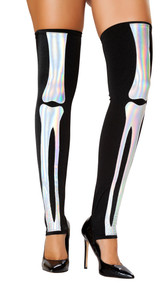 Thigh high skeleton leggings with iridescent silver bone pattern.