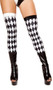 Thigh high jester stockings with black and white diamond pattern.