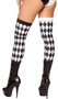 Thigh high jester stockings with black and white diamond pattern.