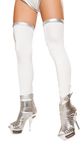 Thigh high space commander leggings with metallic silver tops.