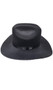 Cowgirl hat is made of stiff black material with a velvet-like texture and features a black satin-like hatband and an adjustable stampede string chinstrap.