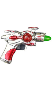 Silver and red chrome space gun laser pistol. Center red sphere and green barrel light up when trigger is pulled.